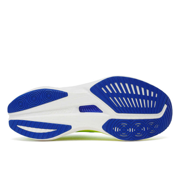 Sole of a blue and white men's athletic shoe on a white background.