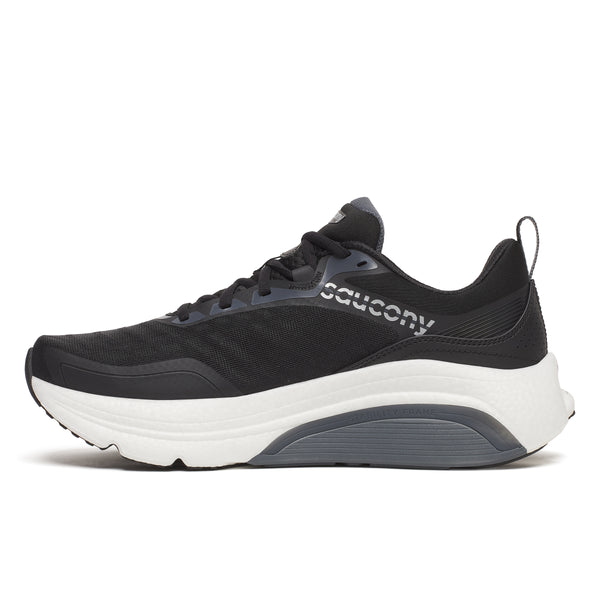 Black running shoe with white sole on a white background