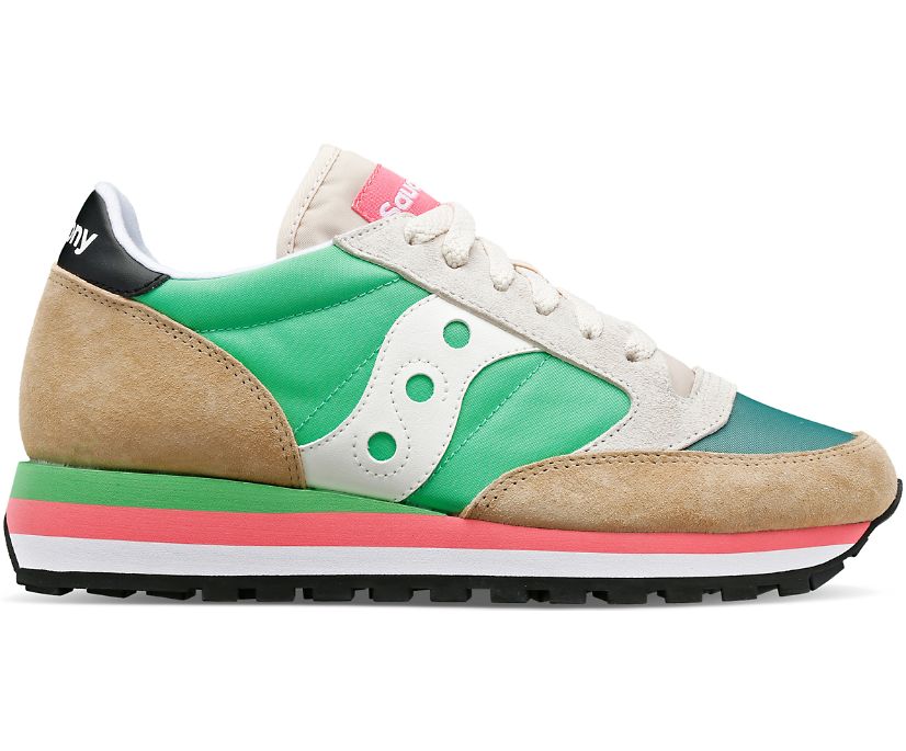 Lateral view of the Women's Jazz Triple by Saucony in the color Sand/Green/White