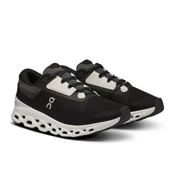 These On Cloudstratus 3 has a are almost all balck on teh upper, including the laces while there is a bit of off white that gholds the laces in the shoe
