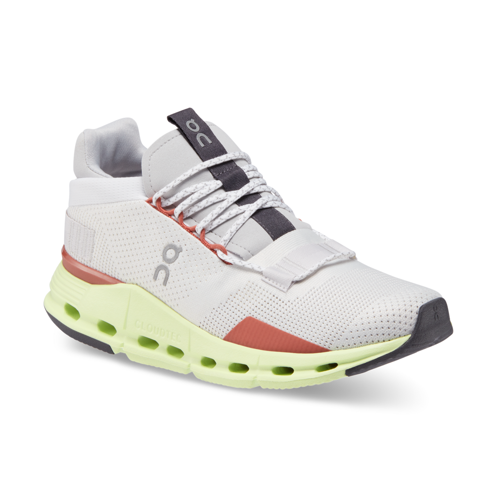 Front angle view of the Men's Cloudnova by ON in the color White/Limelight