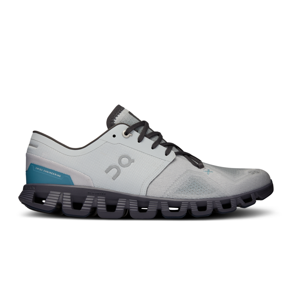 Lateral view of the Men's Cloud X by ON in the color Glacier/Iron