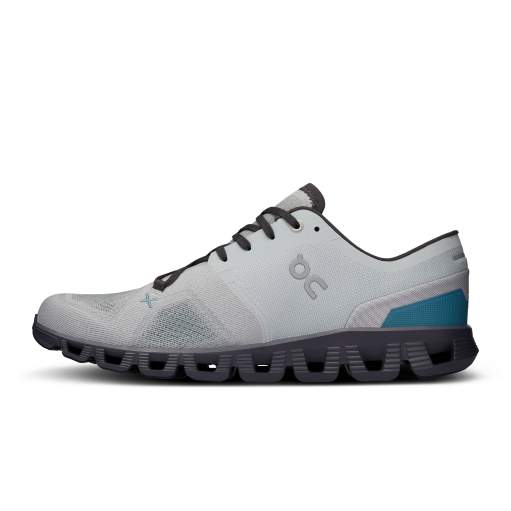 Medial view of the Men's Cloud X by ON in the color Glacier/Iron