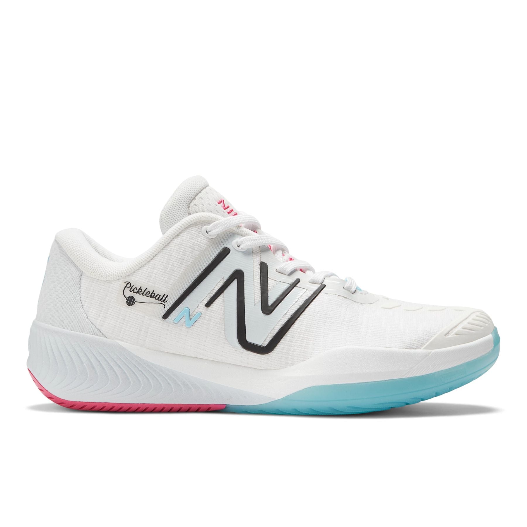 Lateral view of the Women's Fuel Cell 996 V5 New Balance Pickleball shoe in White with grey and team red