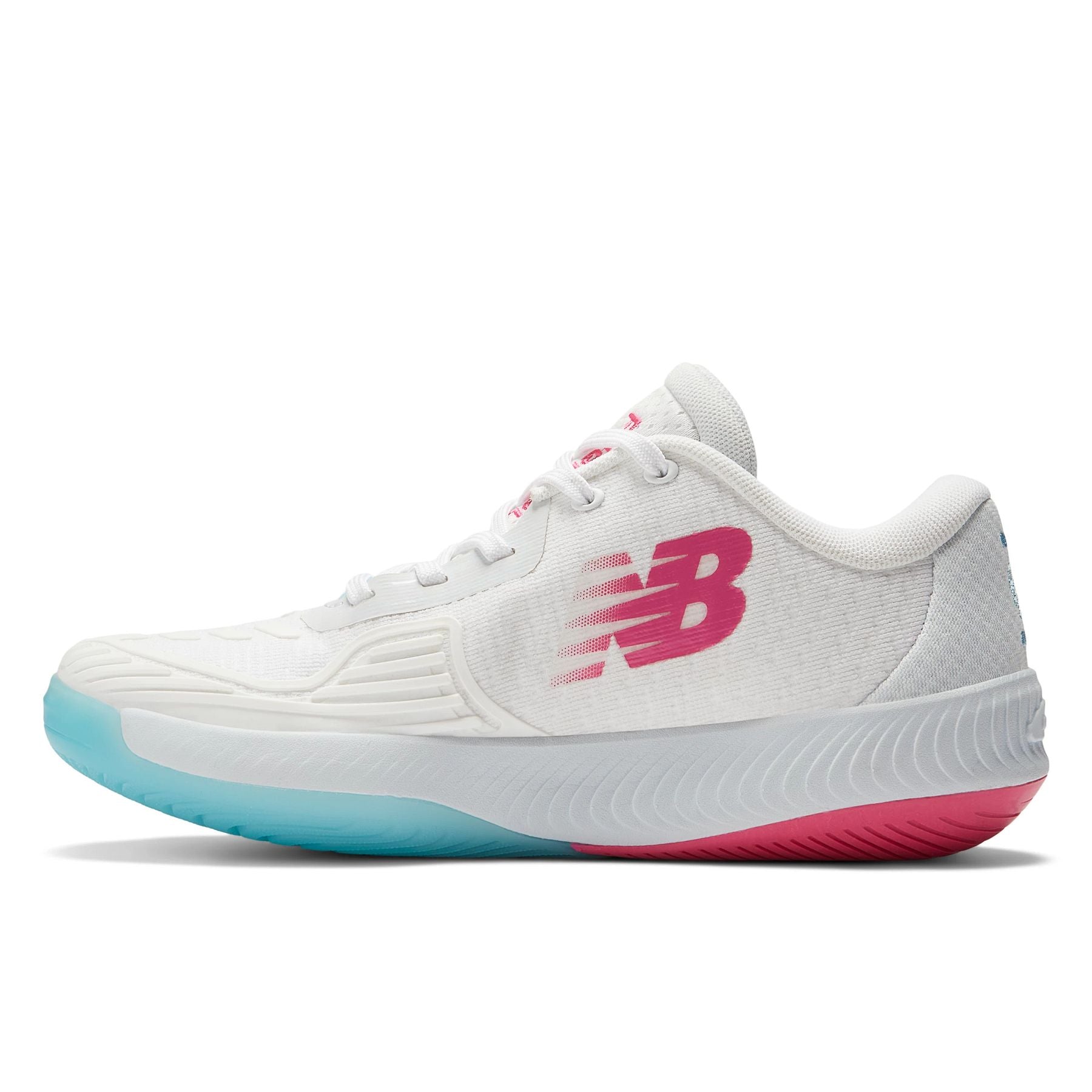 Medial view of the Women's Fuel Cell 996 V5 New Balance Pickleball shoe in White with grey and team red