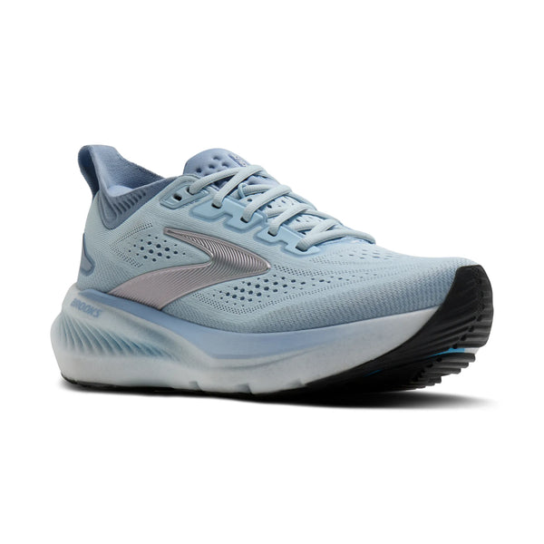 Light blue running shoe with a black sole on a white background