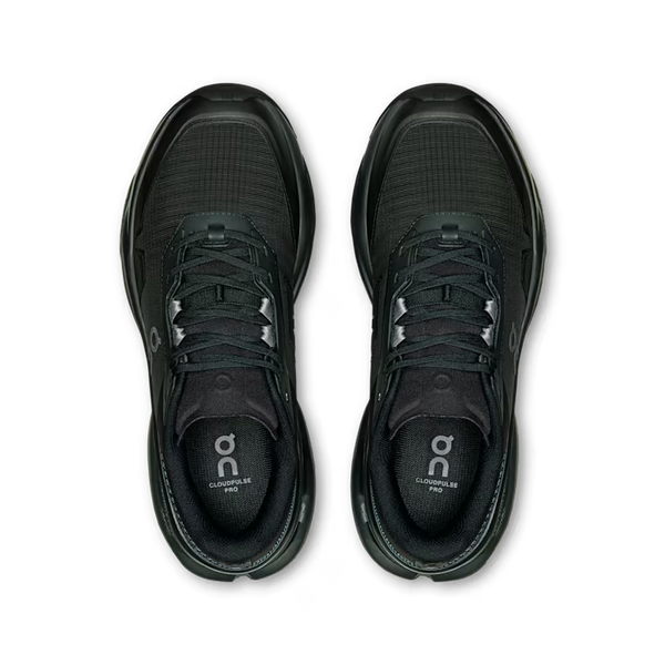 A pair of black On running shoes shown from a top-down view on a clean white background.