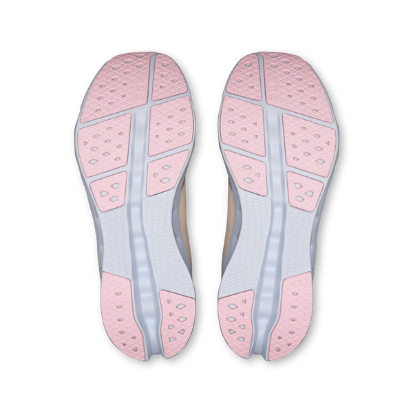 Top view of pink and gray shoe soles on a white background