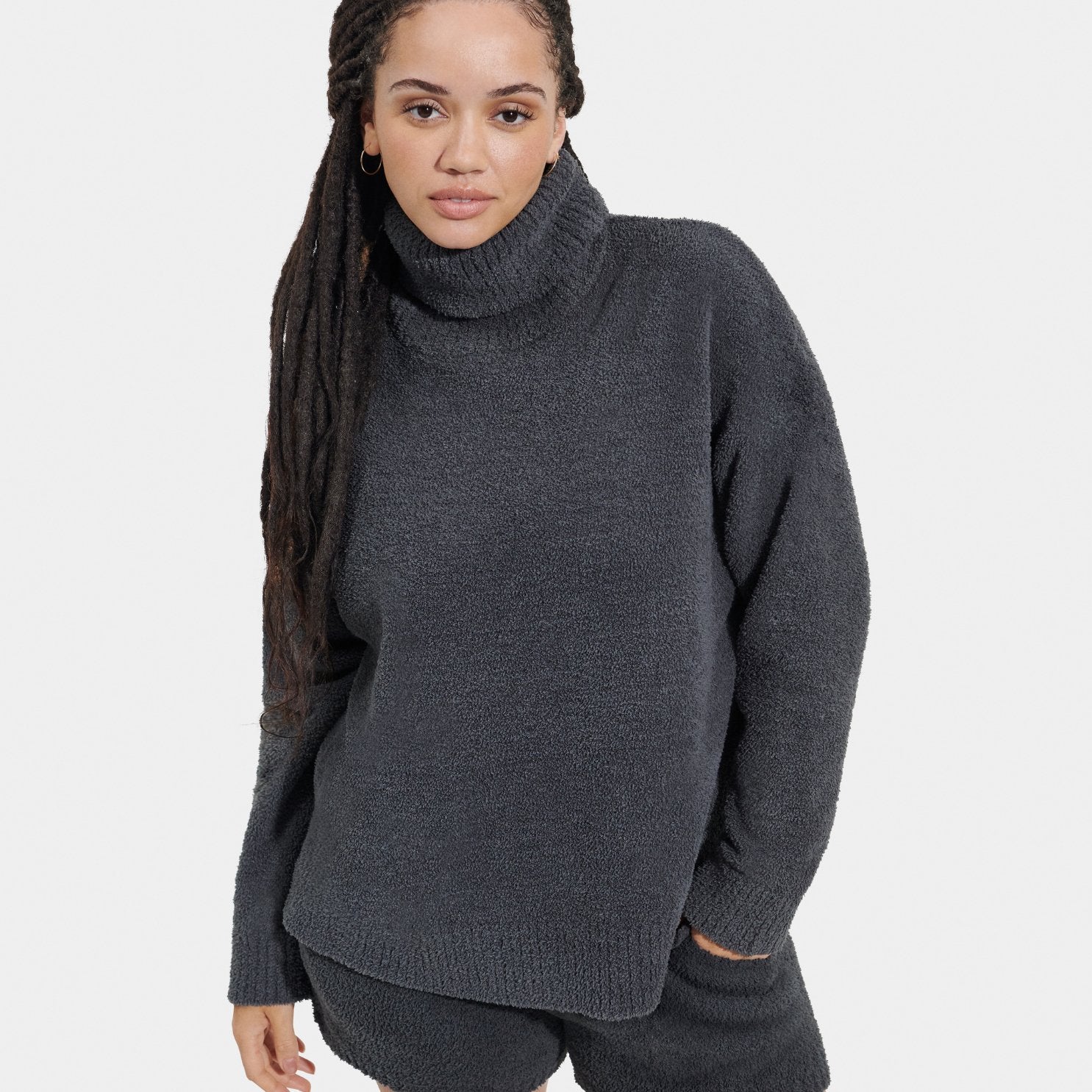 Front view of womens fleece turtleneck