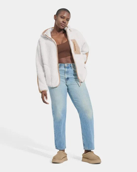 Front view of womens sherpa full zip jacket