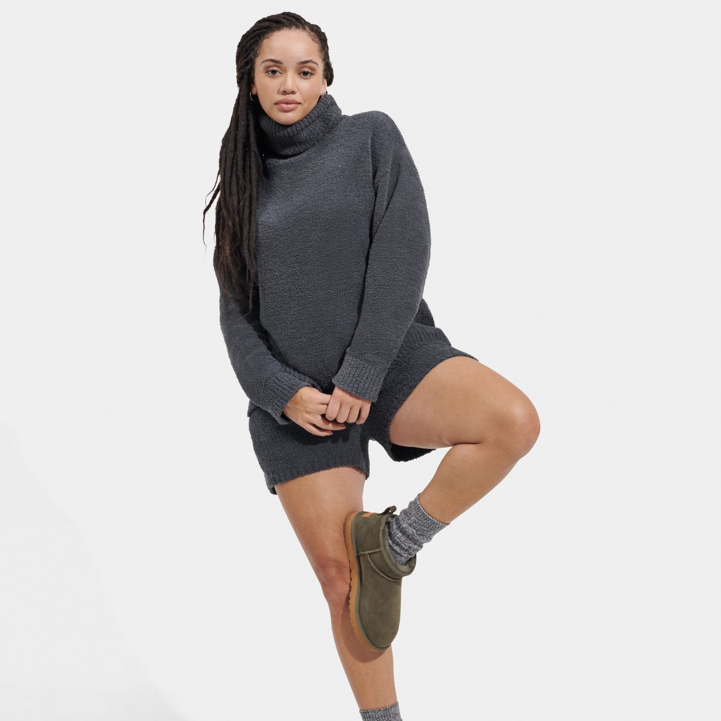 Front view of womens fleece turtleneck