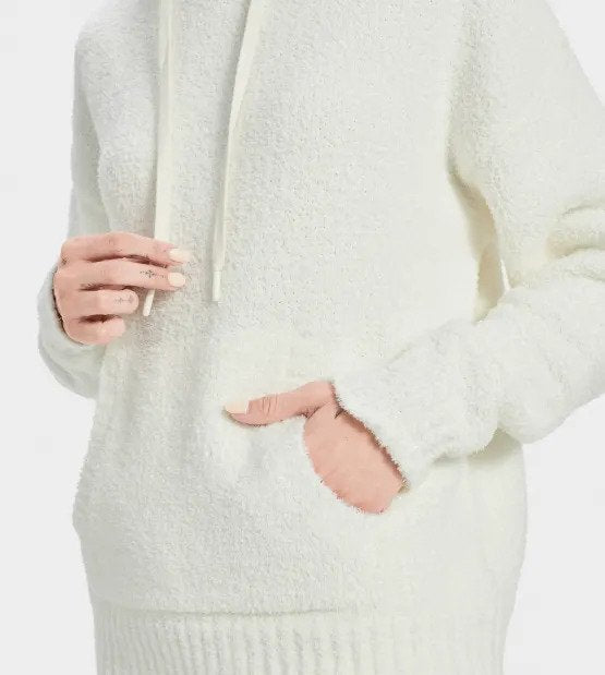 Close up front view of Asla hoody in cream