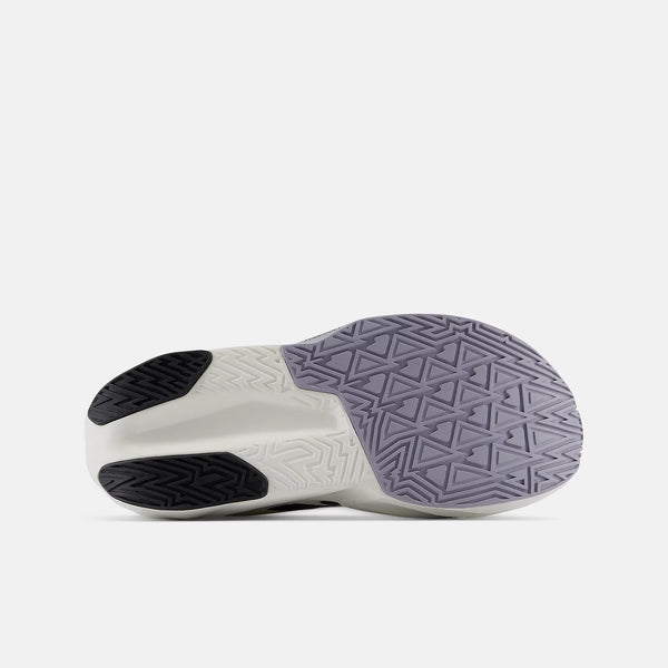 The outsole of a sneaker shown from a bottom-up view, featuring a white and gray geometric tread pattern with black rubberized sections on the heel and toe.