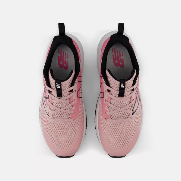 A pair of New Balance running shoes in pink and black, shown from a top-down view on a solid white background.