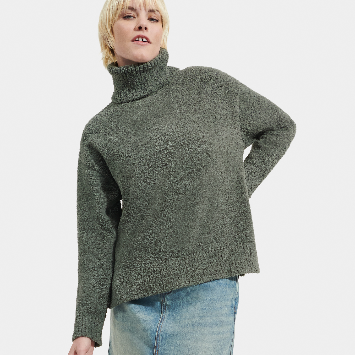 Front view of womens fleece turtleneck