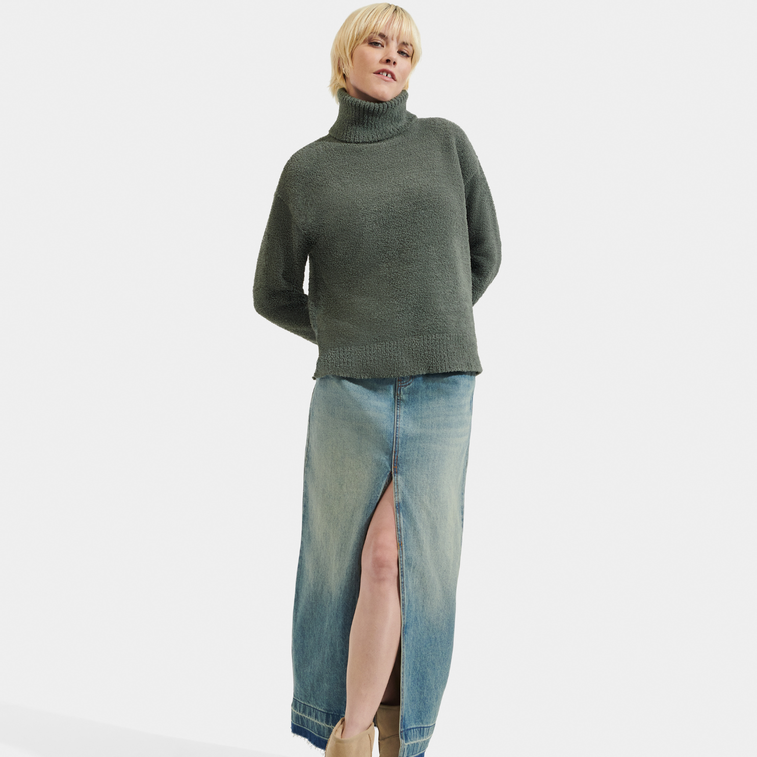 Front view of womens fleece turtleneck