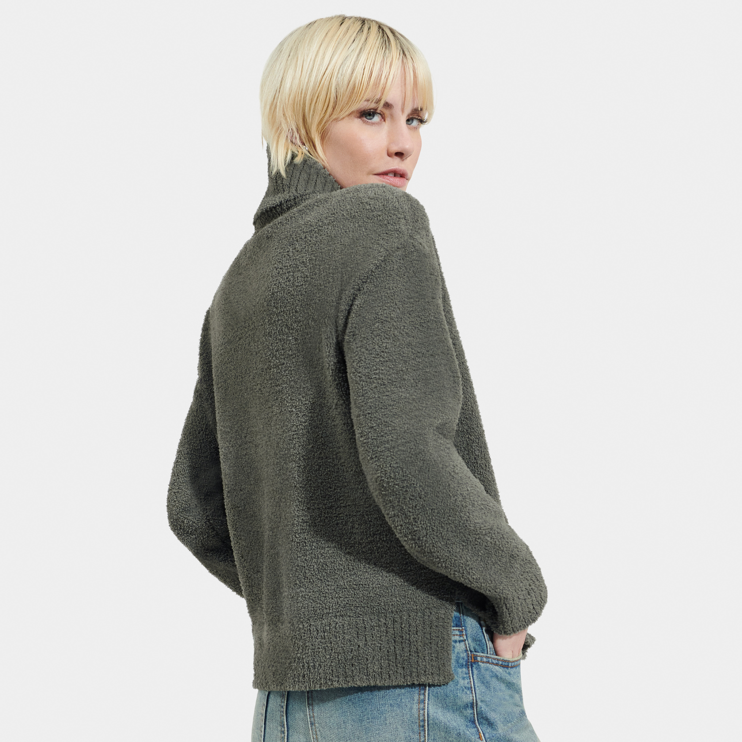 Back view of womens fleece turtleneck