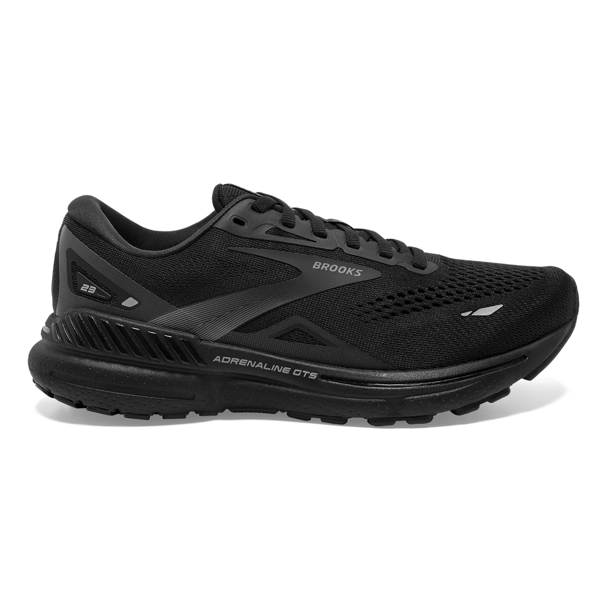 Lateral view of the Men's Adrenaline GTS 23 by Brooks in the color Black/Black/Ebony