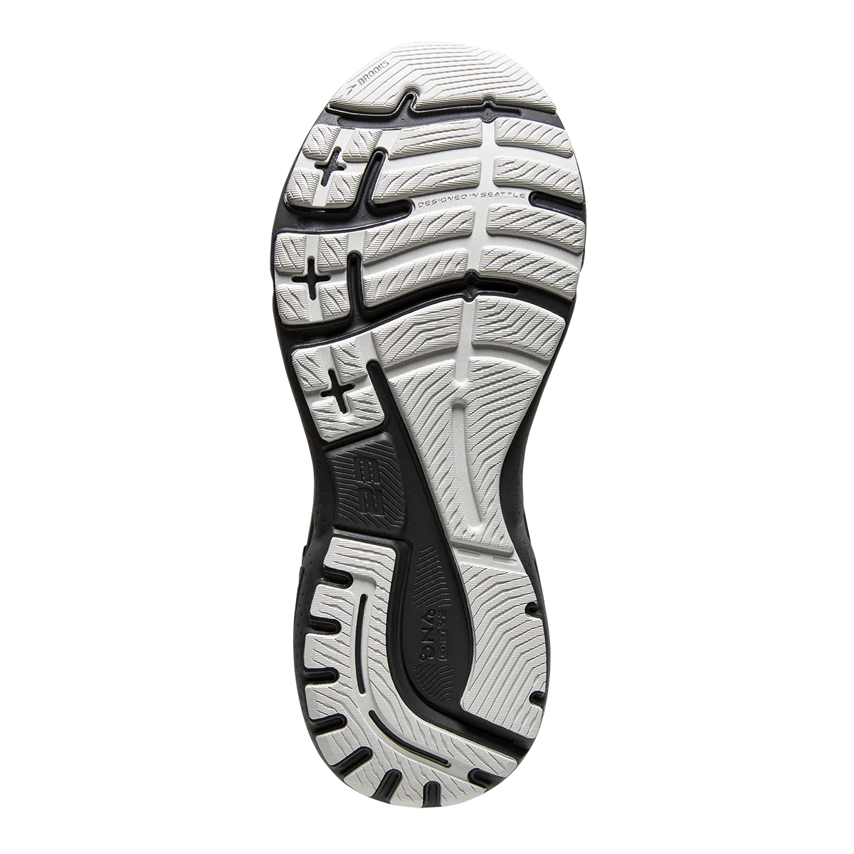 Bottom (outer sole) view of the Men's Adrenaline GTS by Brooks in the wide 2E width, color Black/Black/Ebony