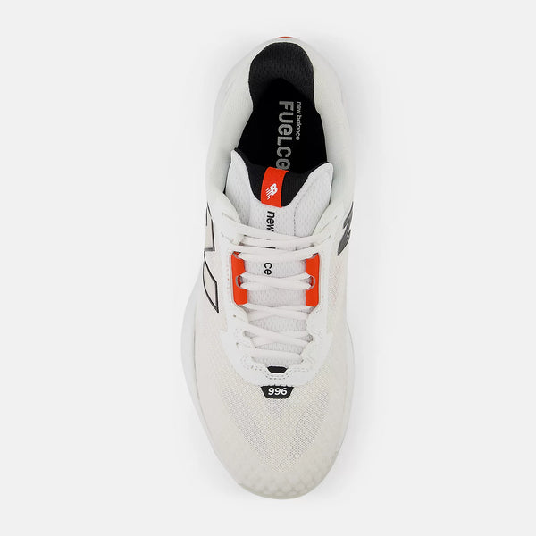 A white New Balance 996 running shoe shown from a top-down view, featuring white laces with bright orange loops, a black inner lining, and the 'FUELCE' technology branding.