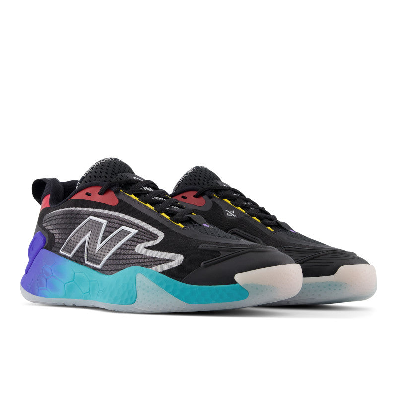 These men's tennis shoes from NB have a multicolored midsole and a mostly black upper