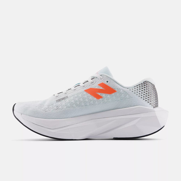 White running shoe with orange logo on a light gray background