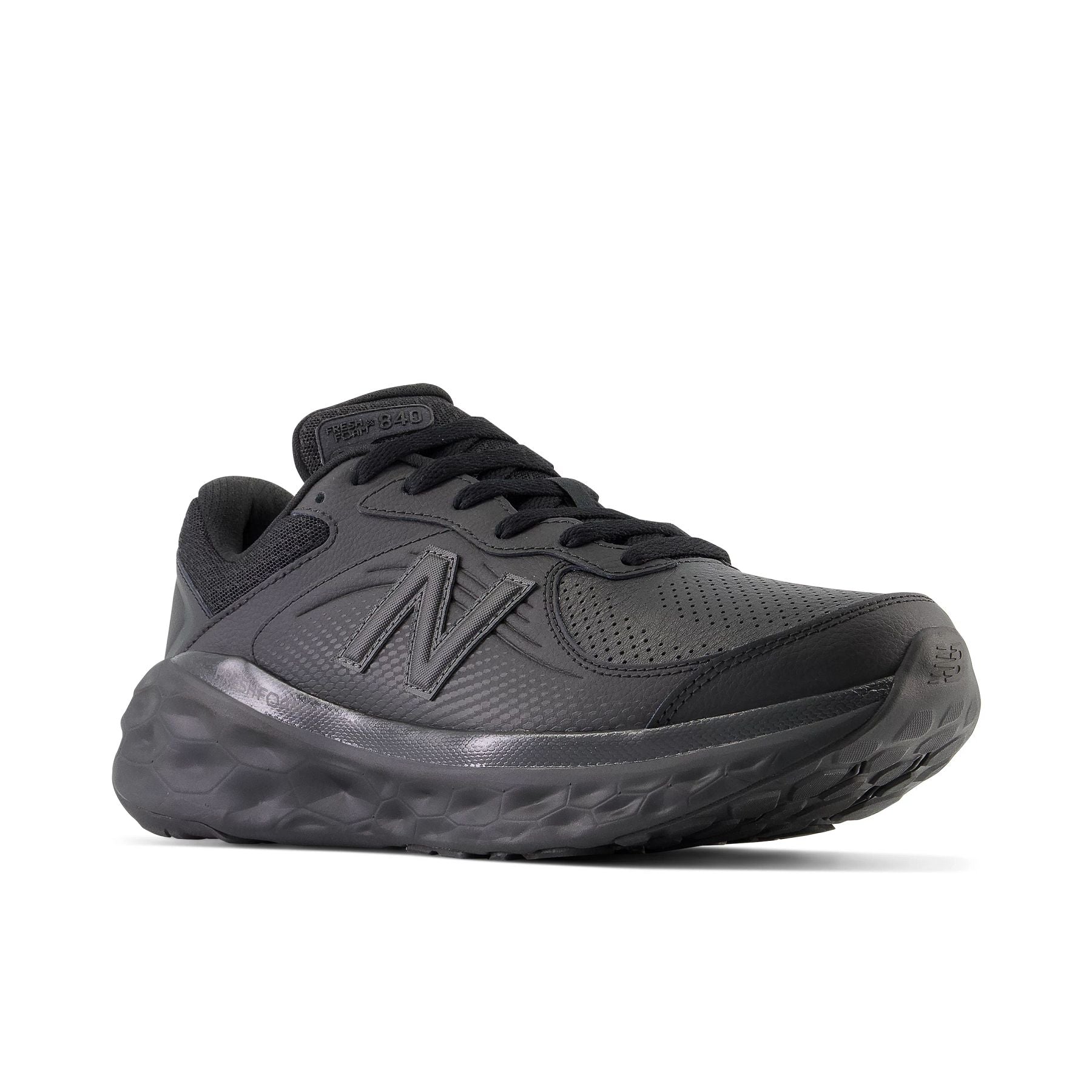 Front angle view of the Women's leather walking shoe WW840 V1 from New Balance in all Black