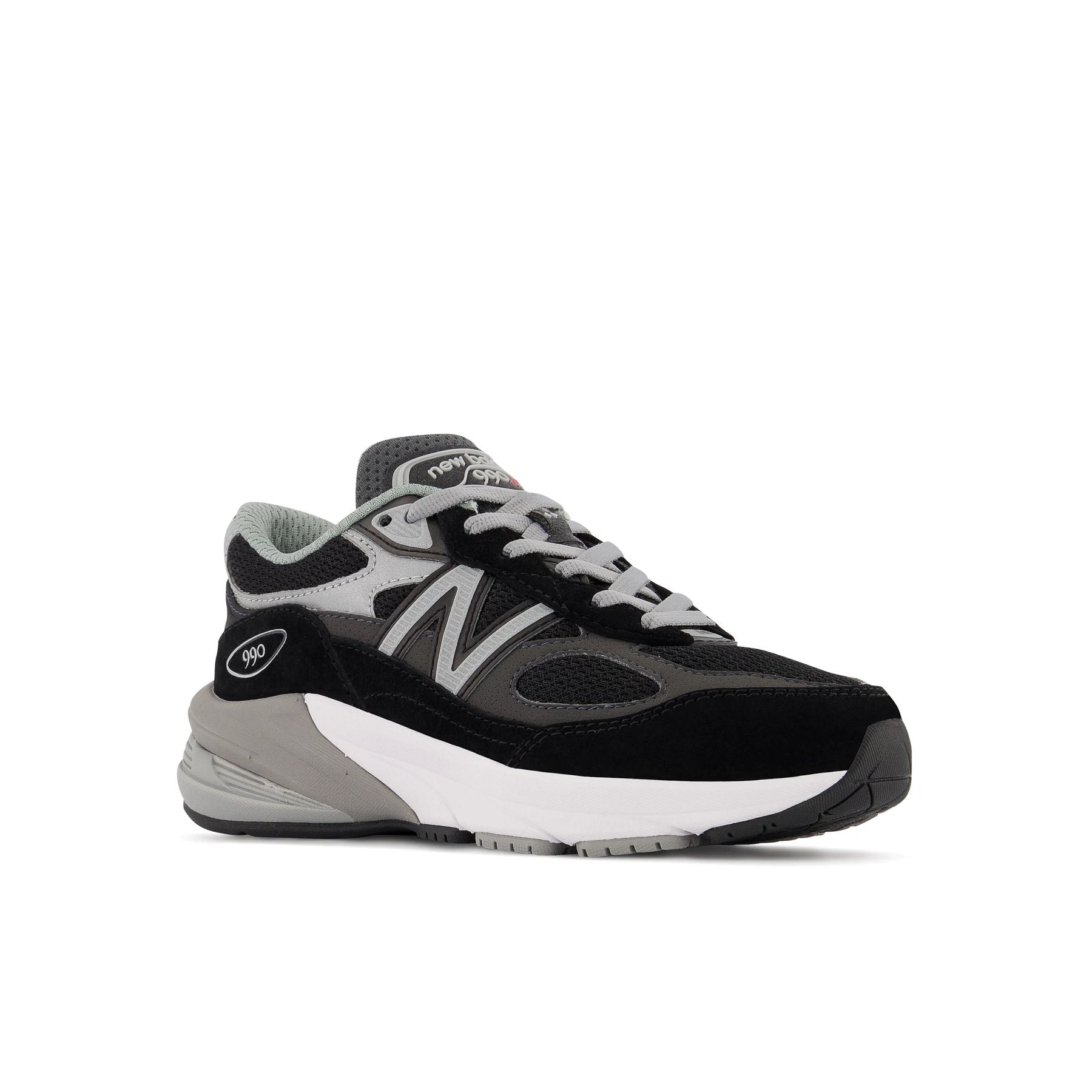 Front angle view of the Kids New Balance 990 V6 in the color Black/Silver