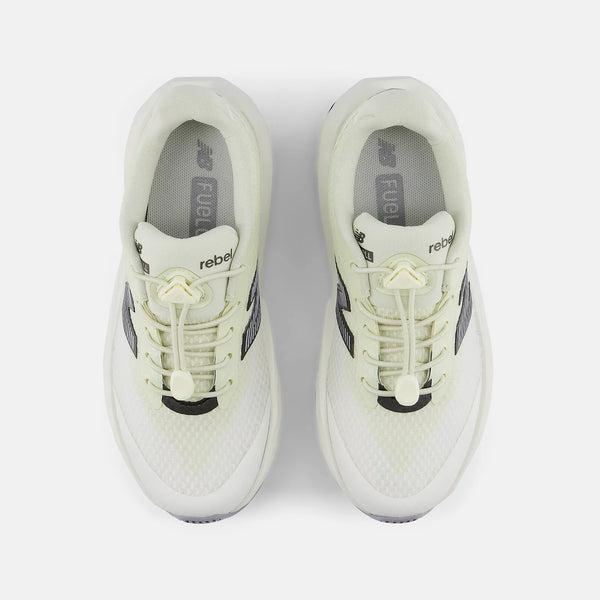 A pair of New Balance Fuel running shoes in a pale mint green and white colorway, shown from a top-down view on a light gray background.