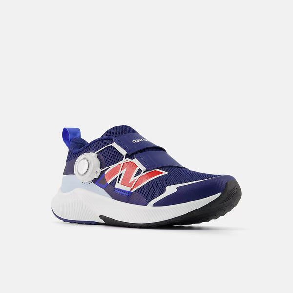 A kid's new balance runnning shoe with a blue upper and white midsole.