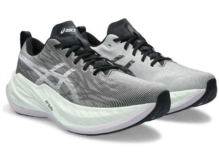 Front angle view of the Unisex SuperBlast from ASICS in the color White/Lilac Hint