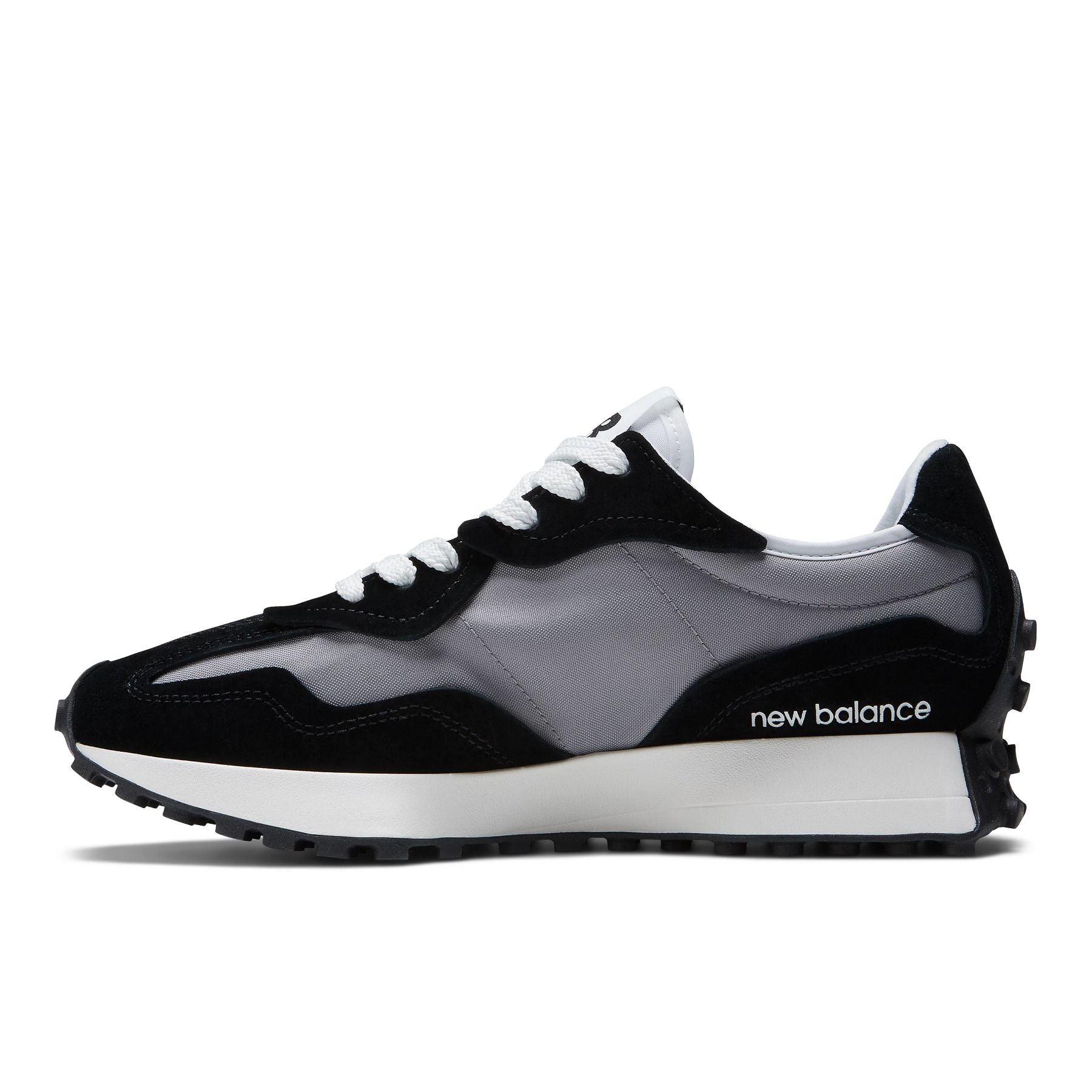 Medial view of the Men's New Balance 327 lifestyle shoe in Black/Grey