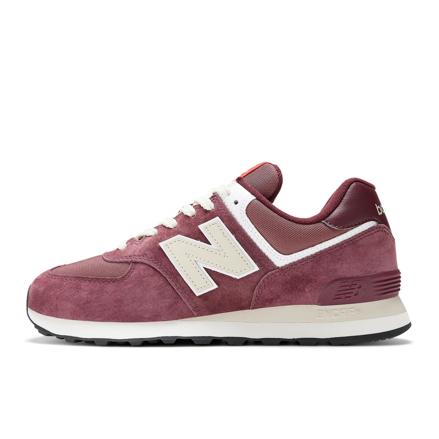 Medial view of the Men's 574 in Maroon/Grey