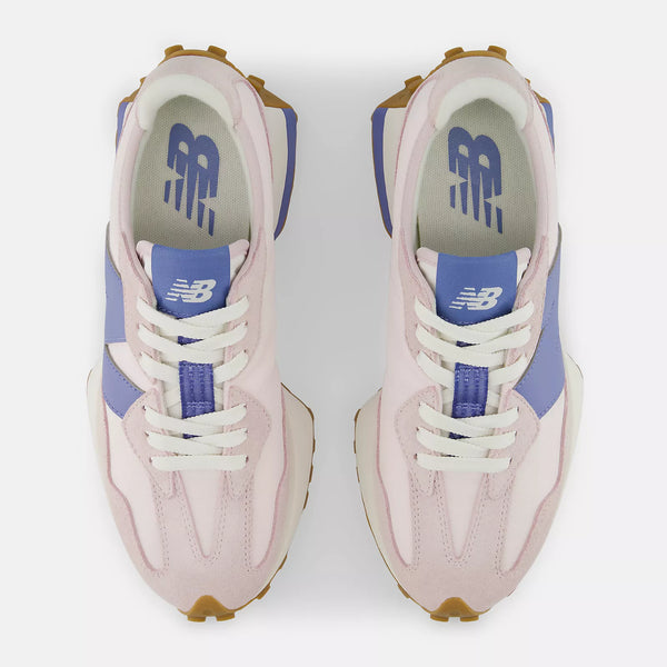Pair of pink and blue sneakers with a visible brand logo on a white background