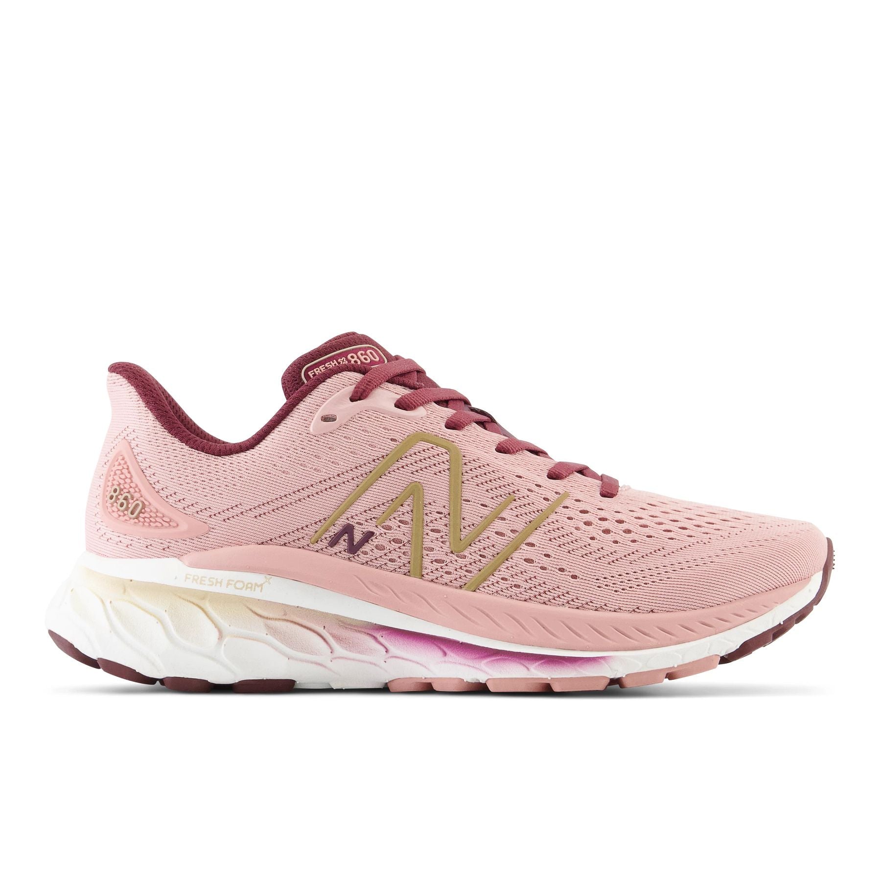 Lateral view of the Women's 860 V13 by New Balance in the color Pink Moon/Burgandy