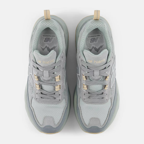 Pair of gray sneakers with gold accents on a white background