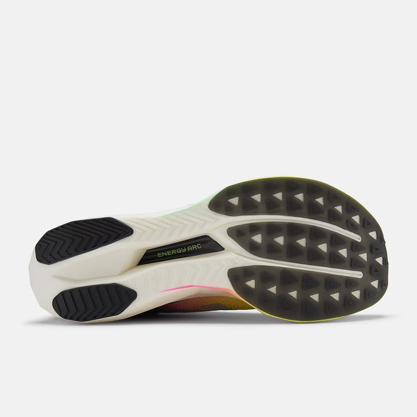 Close-up of a running shoe sole with tread pattern on a white background