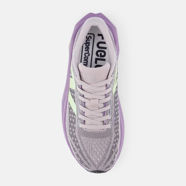 Gray and purple sneaker with visible brand name on a white background