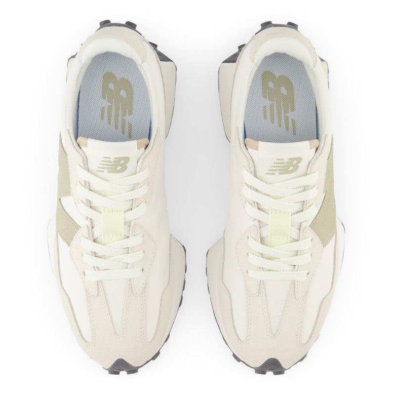The top down view of the 327 shoes the unique overlapping material that makes this style so great