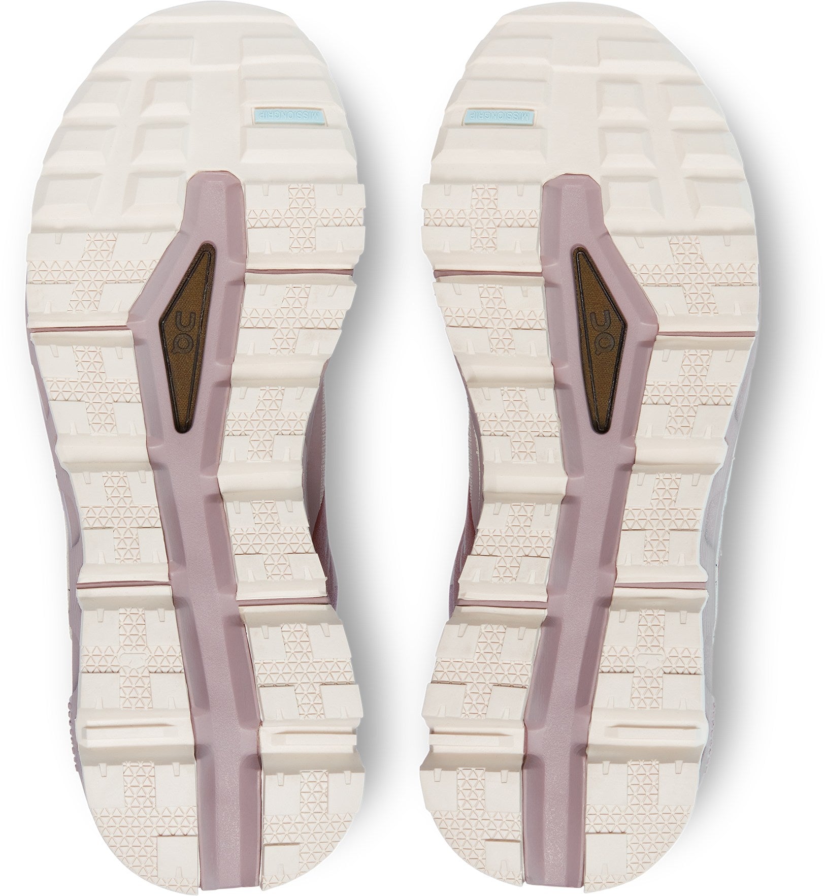 Bottom (outer sole) view of the Women's Cloudtrax hiking boot by ON in the color Rose/Ivory