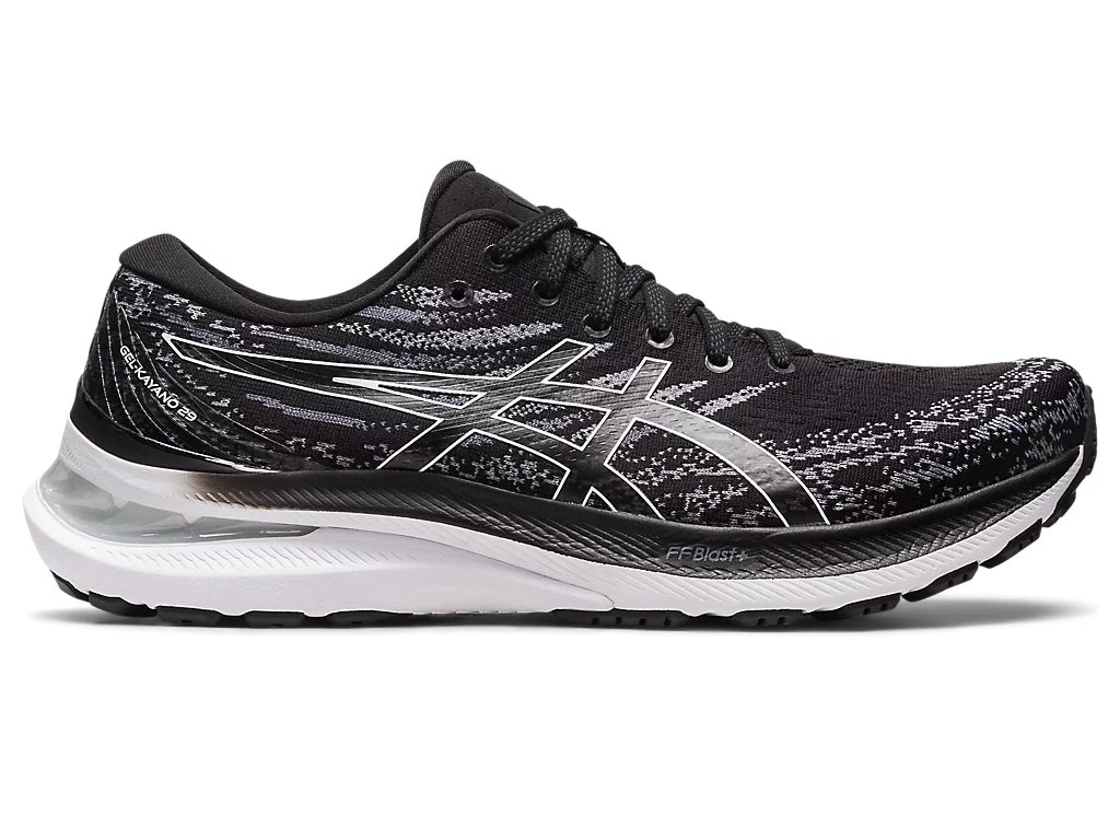Lateral view of the Men's ASICS Gel Kayano 29 in the wide "4E" width in Black/White
