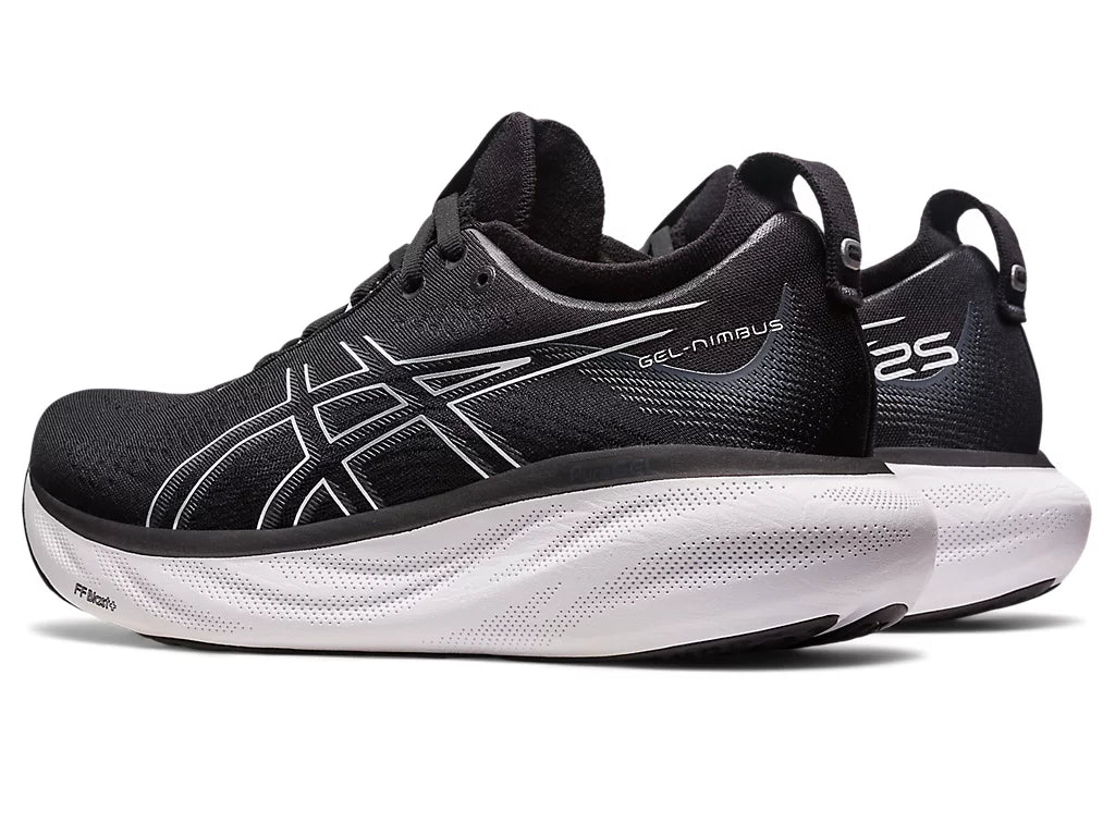 Back angled view of the Men's ASICS Nimbus 25 in the extra wide width 4E - color Black/Pure Silver