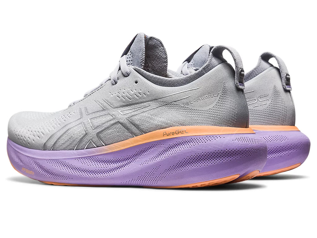 Back angled view of the Women's ASICS Nimbus 25 in the color Piedmont Grey/Pure Silver