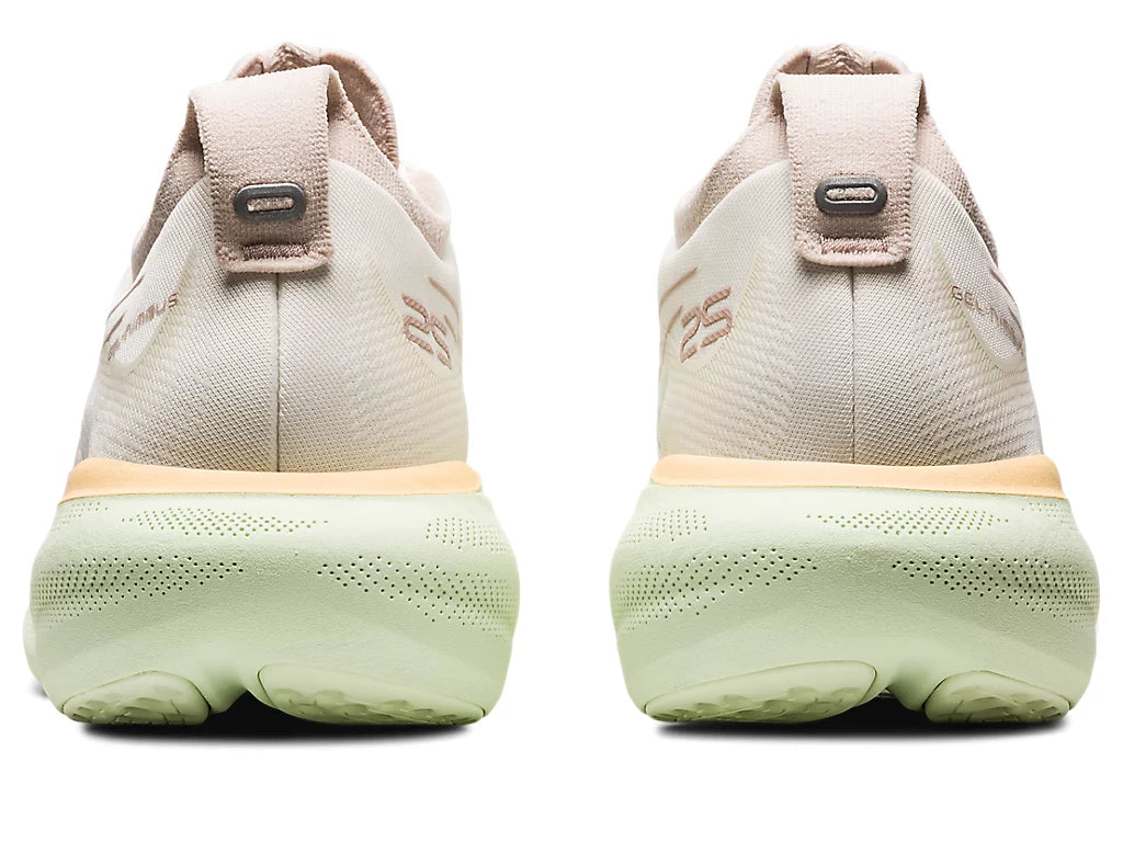 Back view of the Women's ASICS Nimbus 25 in the color Cream/Fawn