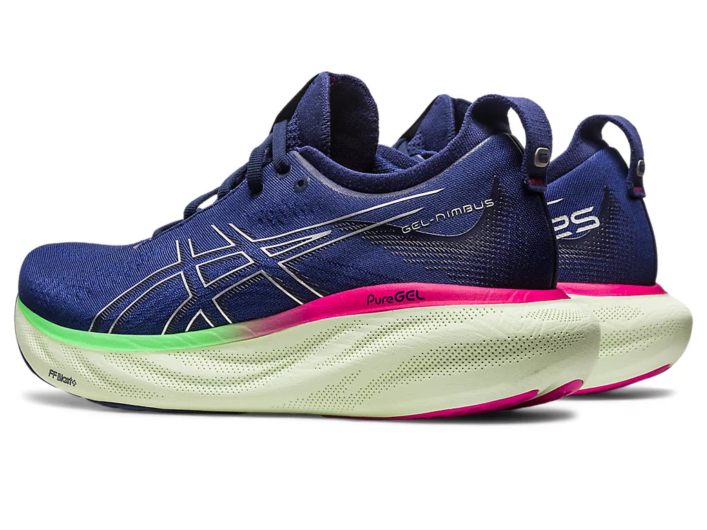 Back angled view of the Women's ASICS Nimbus 25 in the color Indigo Blue/Pure Silver