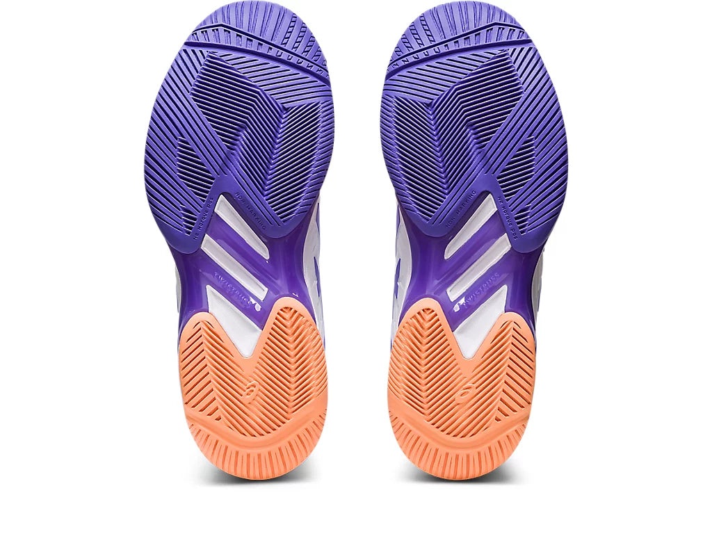 Bottom (outer sole) view of the Women's Solution Speed FF 2 tennis shoe by ASIC in the color White/Amethyst