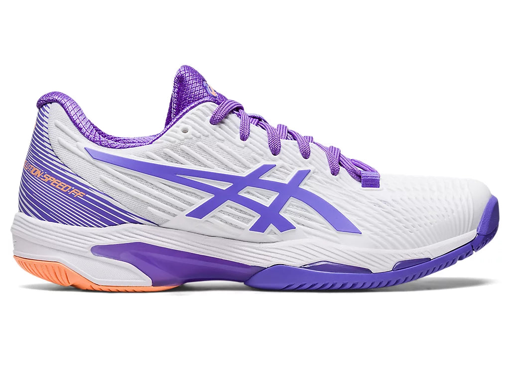 Lateral view of the Women's Solution Speed FF 2 tennis shoe by ASIC in the color White/Amethyst