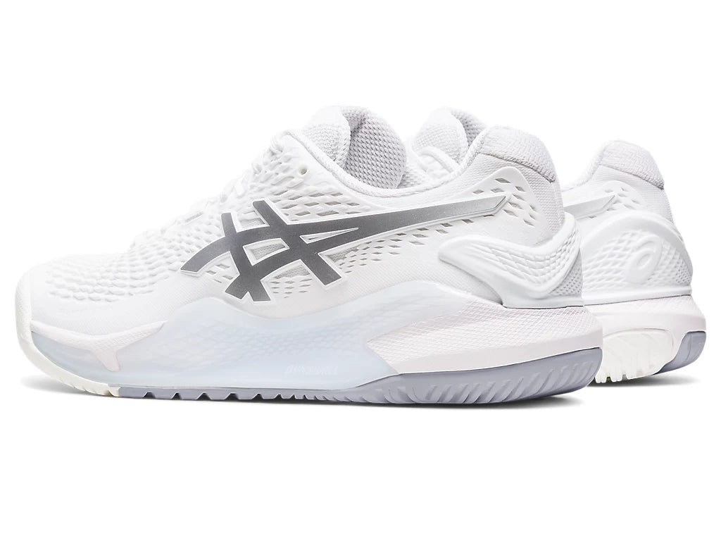 Back angle view of the ASIC Women's Resolution 9 tennis shoe in the color White/Pure Silver