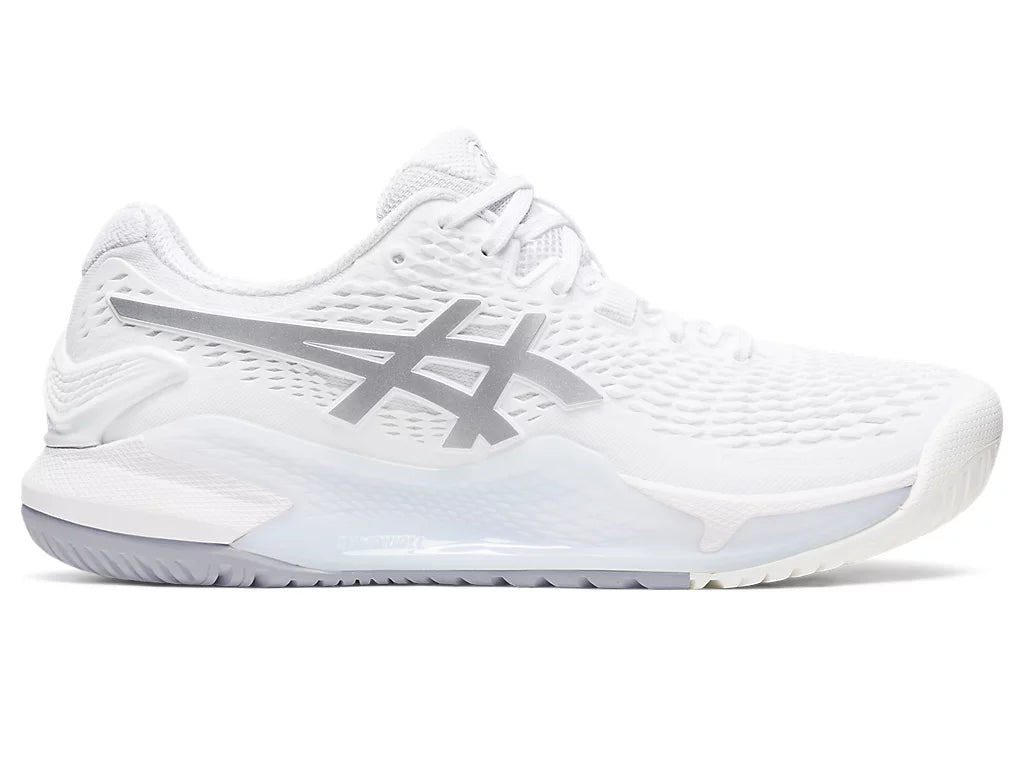 Lateral view of the ASIC Women's Resolution 9 tennis shoe in the color White/Pure Silver