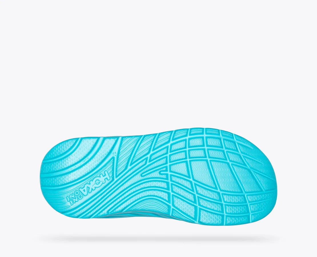 Bottom (outer sole) view of the Men's Ora Recovery Flip by HOKA in the color Scuba
